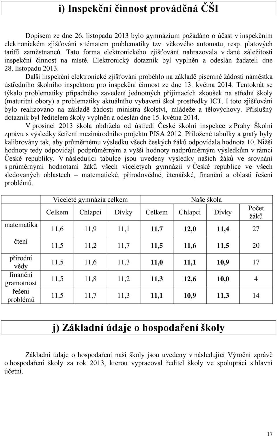 listopadu 2013. Další inspekční elektronické zjišťování proběhlo na základě písemné žádosti náměstka ústředního školního inspektora pro inspekční činnost ze dne 13. května 2014.