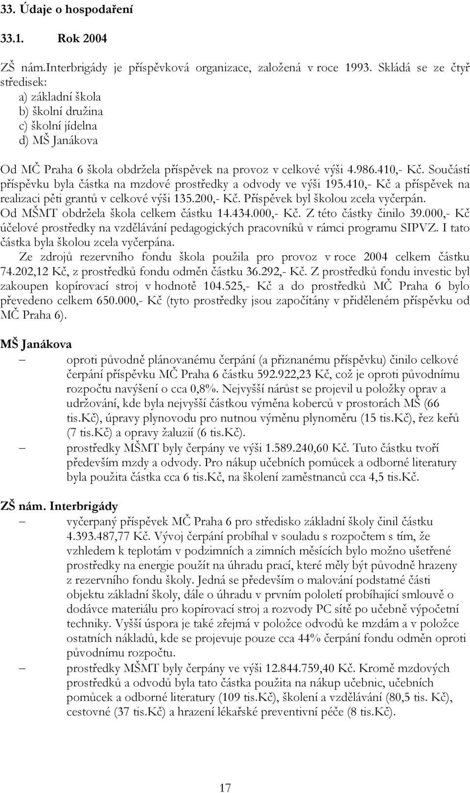 Součástí příspěvku byla částka na mzdové prostředky a odvody ve výši 195.410,- Kč a příspěvek na realizaci pěti grantů v celkové výši 135.200,- Kč. Příspěvek byl školou zcela vyčerpán.