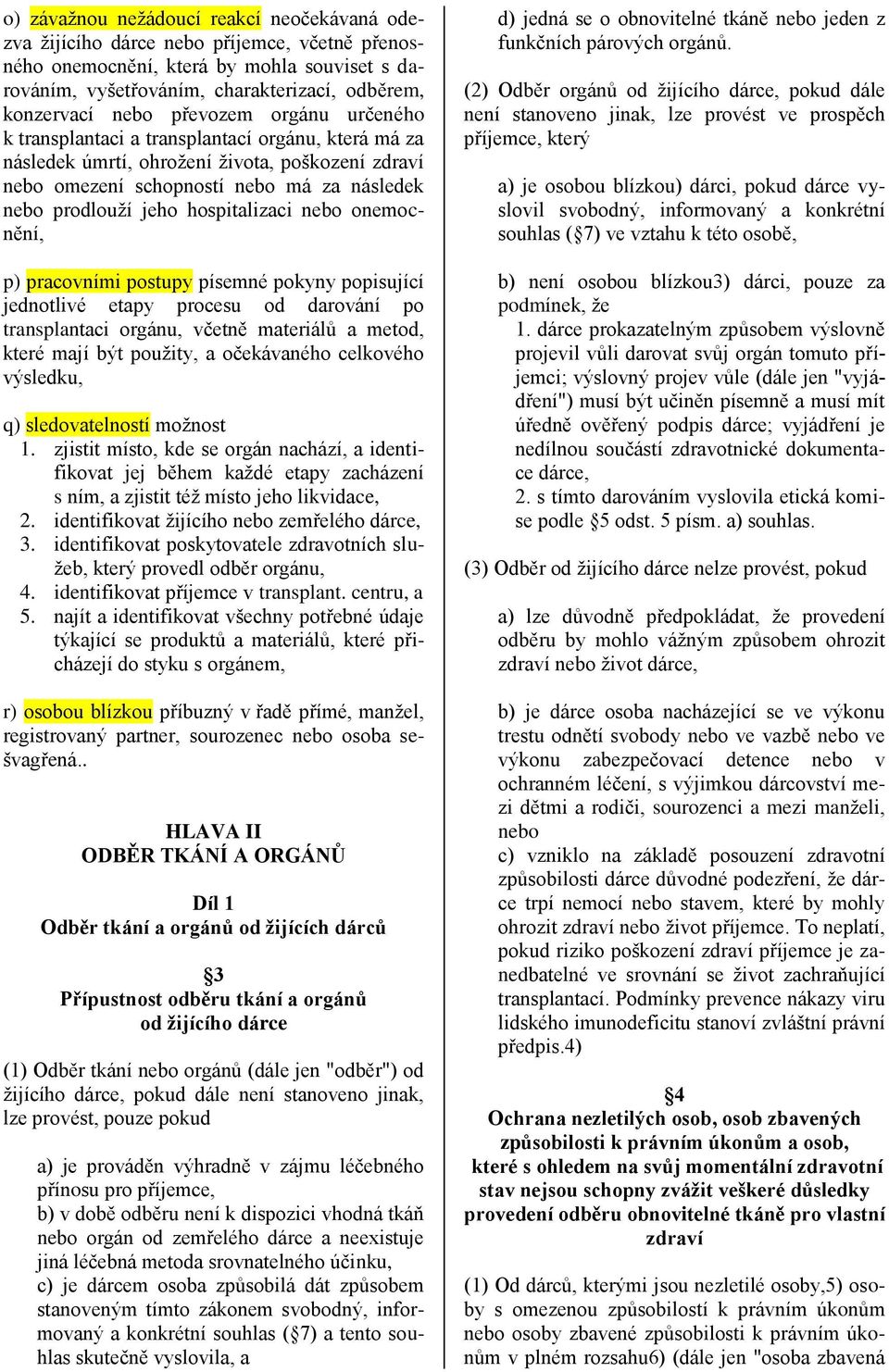hospitalizaci nebo onemocnění, p) pracovními postupy písemné pokyny popisující jednotlivé etapy procesu od darování po transplantaci orgánu, včetně materiálů a metod, které mají být použity, a