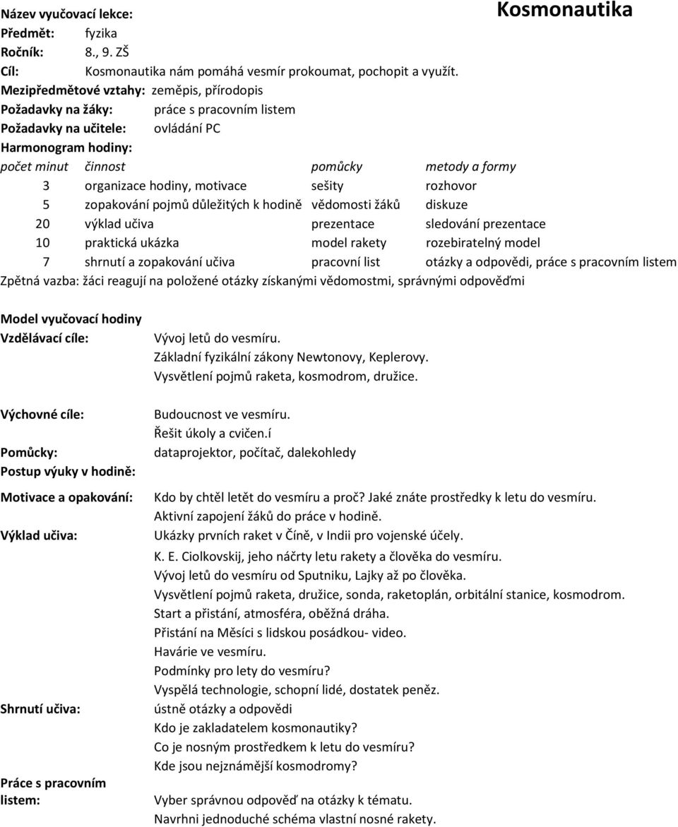 hodiny, motivace sešity rozhovor 5 zopakování pojmů důležitých k hodině vědomosti žáků diskuze 20 výklad učiva prezentace sledování prezentace 10 praktická ukázka model rakety rozebiratelný model 7