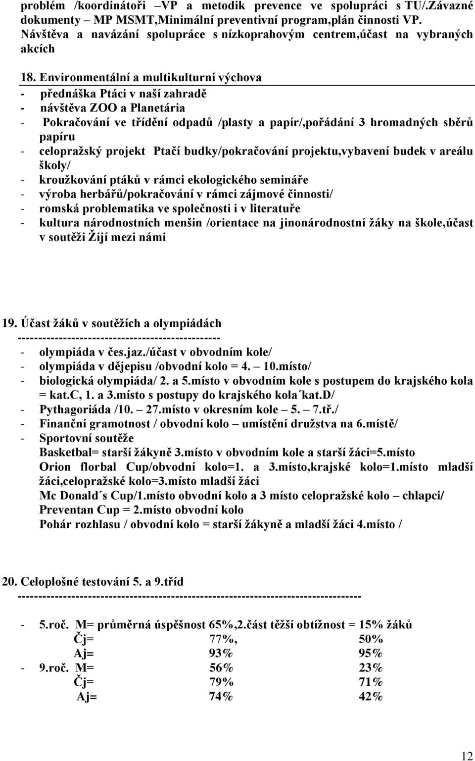 Environmentální a multikulturní výchova - přednáška Ptáci v naší zahradě - návštěva ZOO a Planetária - Pokračování ve třídění odpadů /plasty a papír/,pořádání 3 hromadných sběrů papíru - celopražský