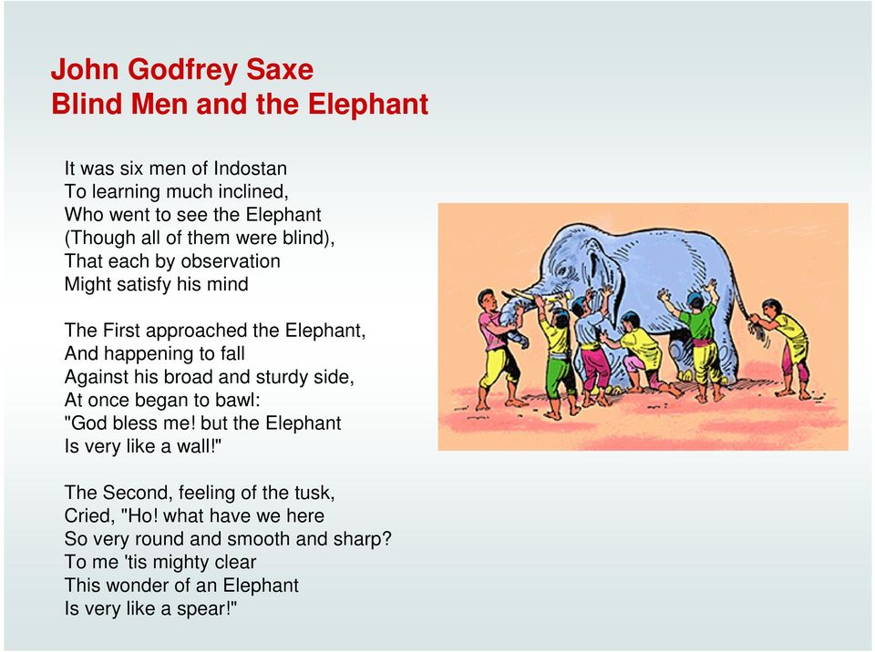 his broad and sturdy side, At once began to bawl: "God bless me! but the Elephant Is very like a wall!