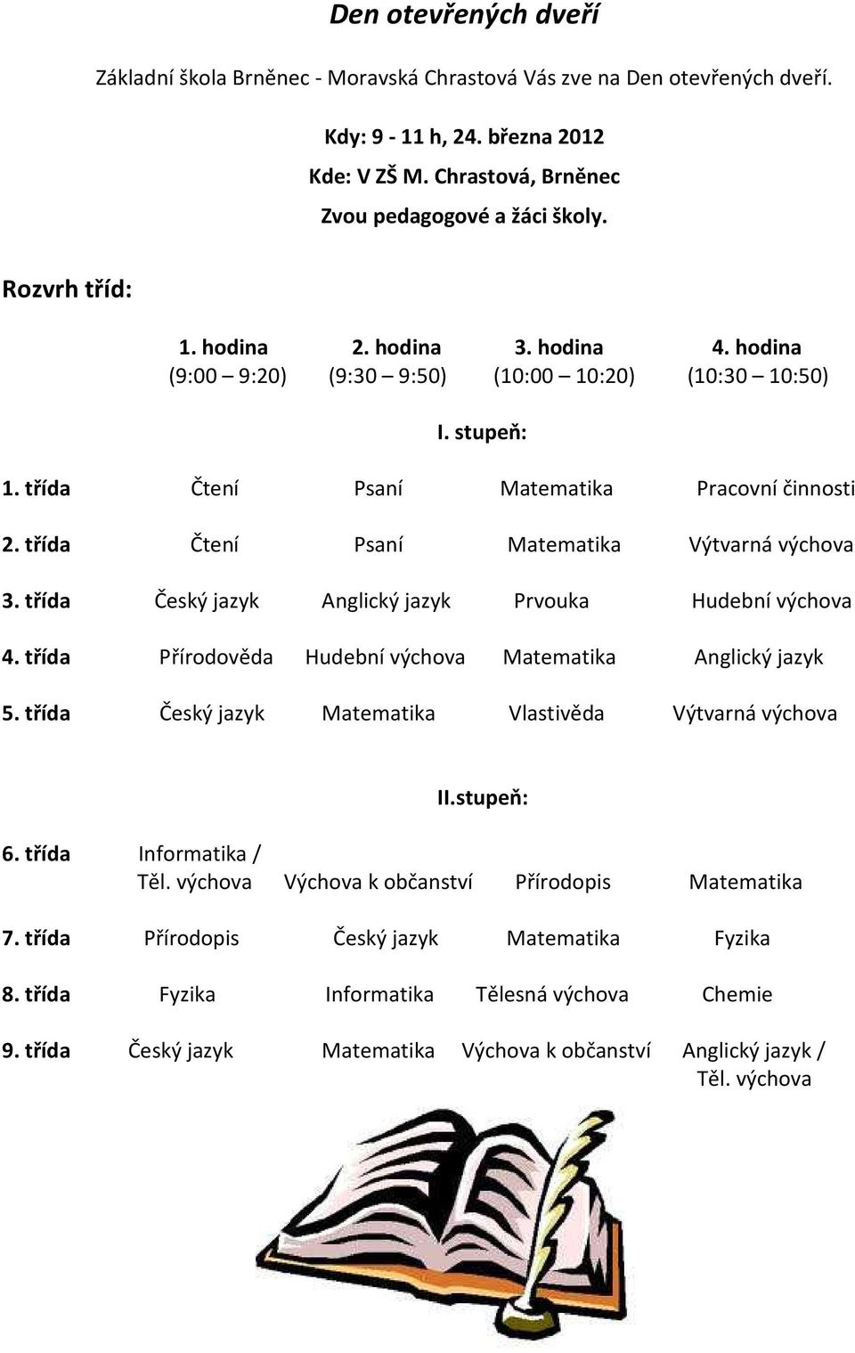 třída Čtení Psaní Matematika Výtvarná výchova 3. třída Český jazyk Anglický jazyk Prvouka Hudební výchova 4. třída Přírodověda Hudební výchova Matematika Anglický jazyk 5.