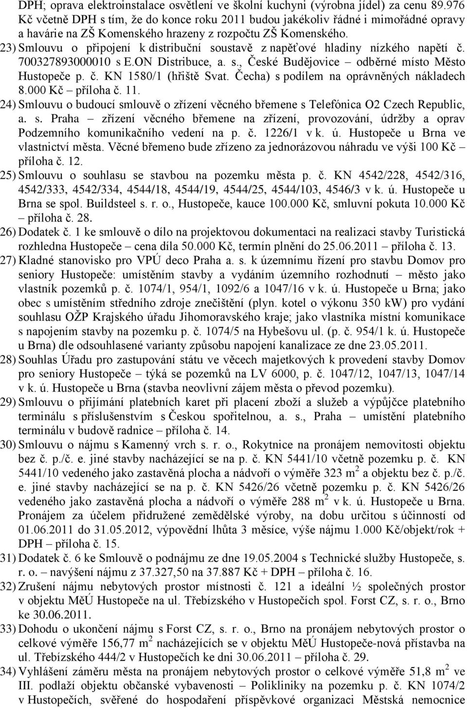 23) Smlouvu o připojení k distribuční soustavě z napěťové hladiny nízkého napětí č. 700327893000010 s E.ON Distribuce, a. s., České Budějovice odběrné místo Město Hustopeče p. č. KN 1580/1 (hřiště Svat.