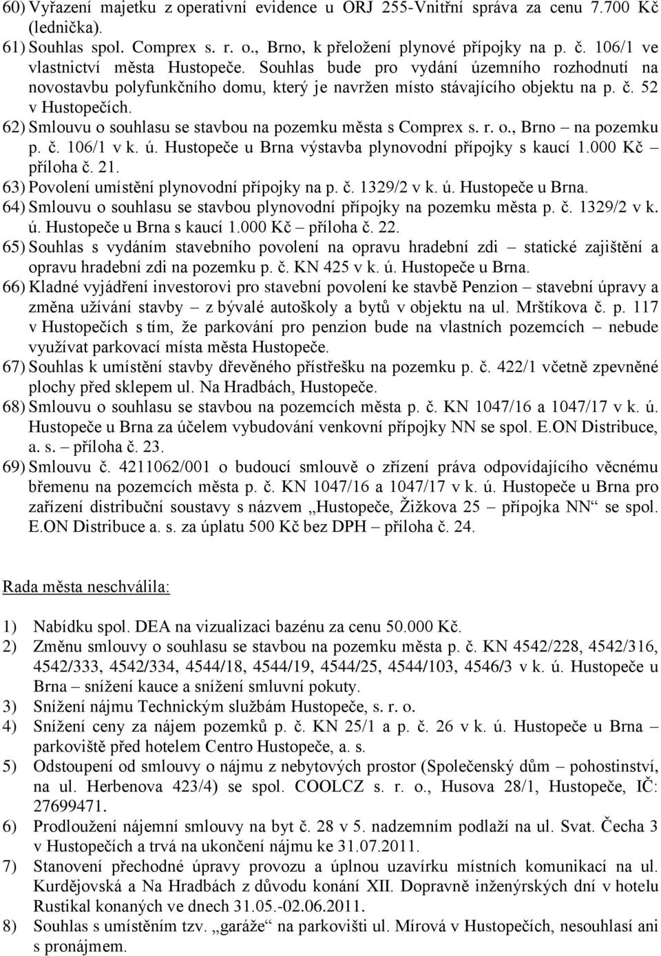 62) Smlouvu o souhlasu se stavbou na pozemku města s Comprex s. r. o., Brno na pozemku p. č. 106/1 v k. ú. Hustopeče u Brna výstavba plynovodní přípojky s kaucí 1.000 Kč příloha č. 21.