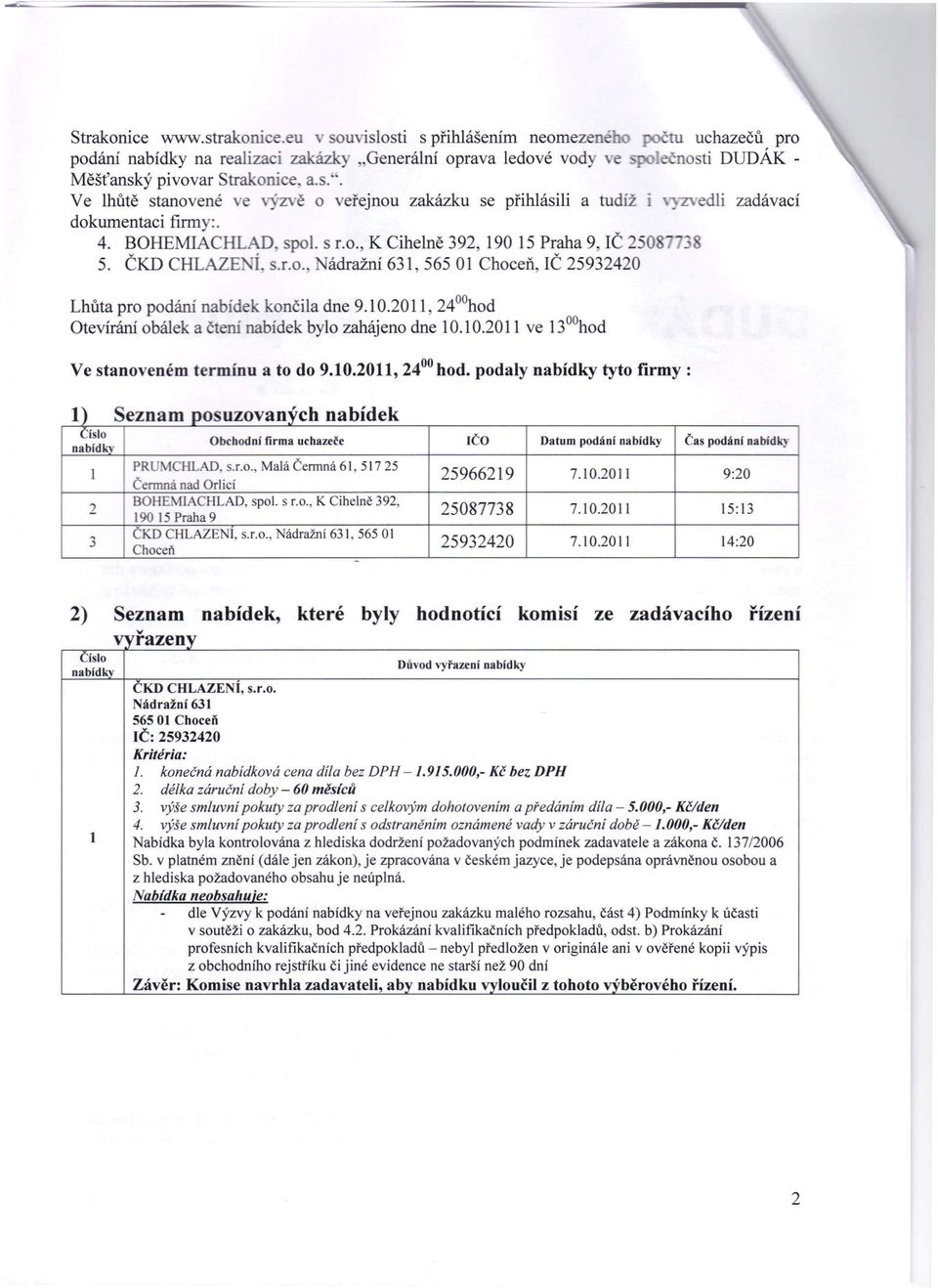 , ádražní 63, 565 0 Choceň, IČ 25932420 tu uchazečů pro nosti DUDÁK - "Zvedli zadávací Lhůta pro podání nabídek končila dne 9.0.20, 24 oo hod Otevírání obálek a ctení nabídek bylo zahájeno dne 0.0.20 ve 3 oo hod Ve stanoveném termínu a to do 9.