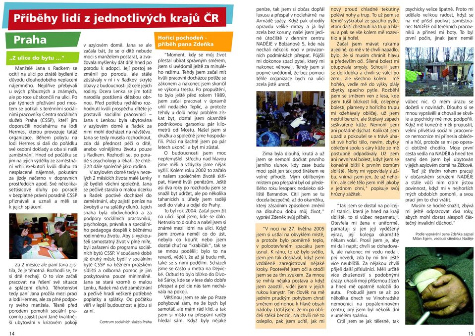 Po pár týdnech přežívání pod mostem se potkali s terénními sociálními pracovníky Centra sociálních služeb Praha (CSSP), kteří jim doporučili noclehárnu na lodi Hermes, kterou provozuje tatáž