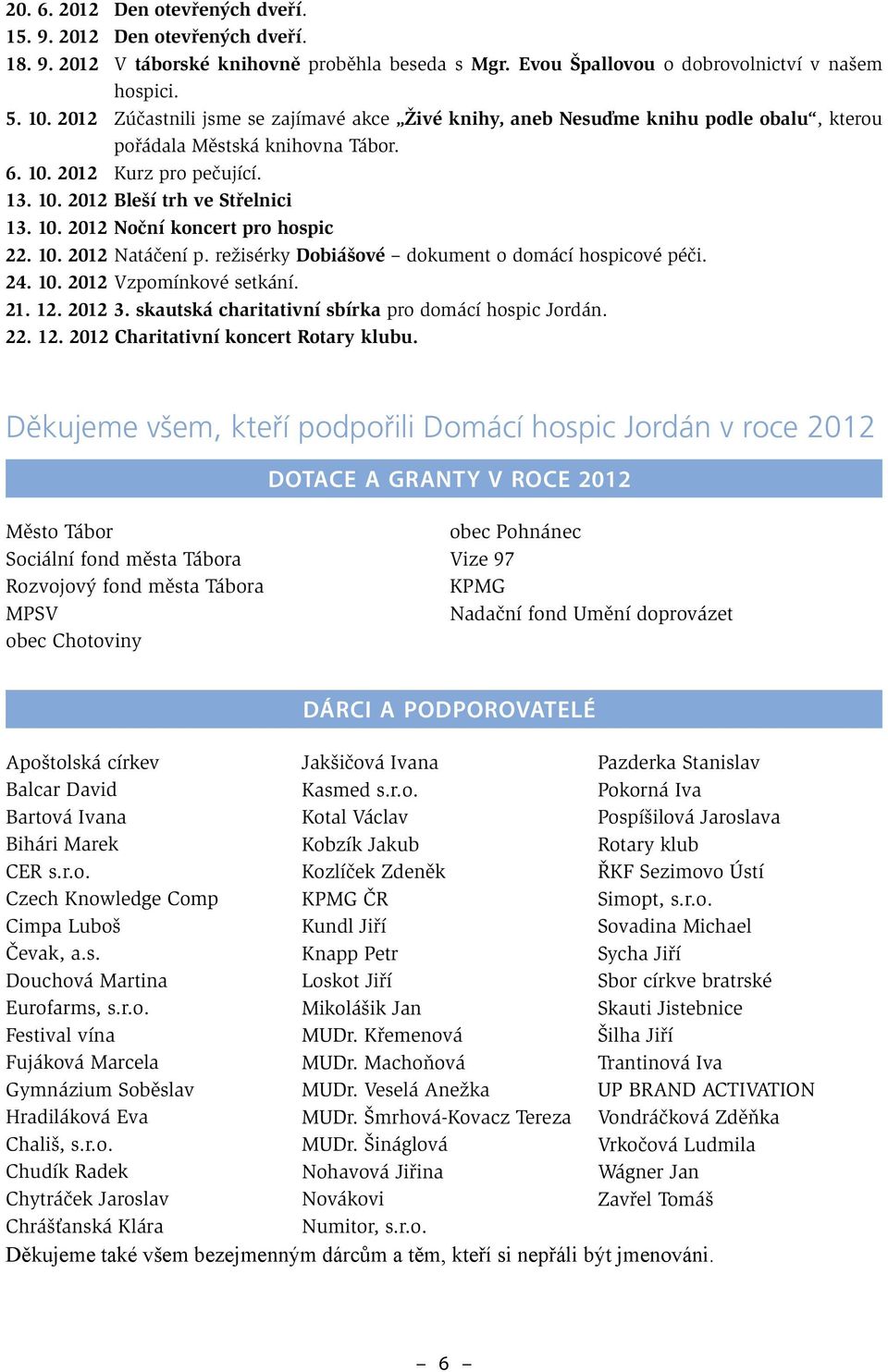 10. 2012 Natáčení p. režisérky Dobiášové dokument o domácí hospicové péči. 24. 10. 2012 Vzpomínkové setkání. 21. 12. 2012 3. skautská charitativní sbírka pro domácí hospic Jordán. 22. 12. 2012 Charitativní koncert Rotary klubu.