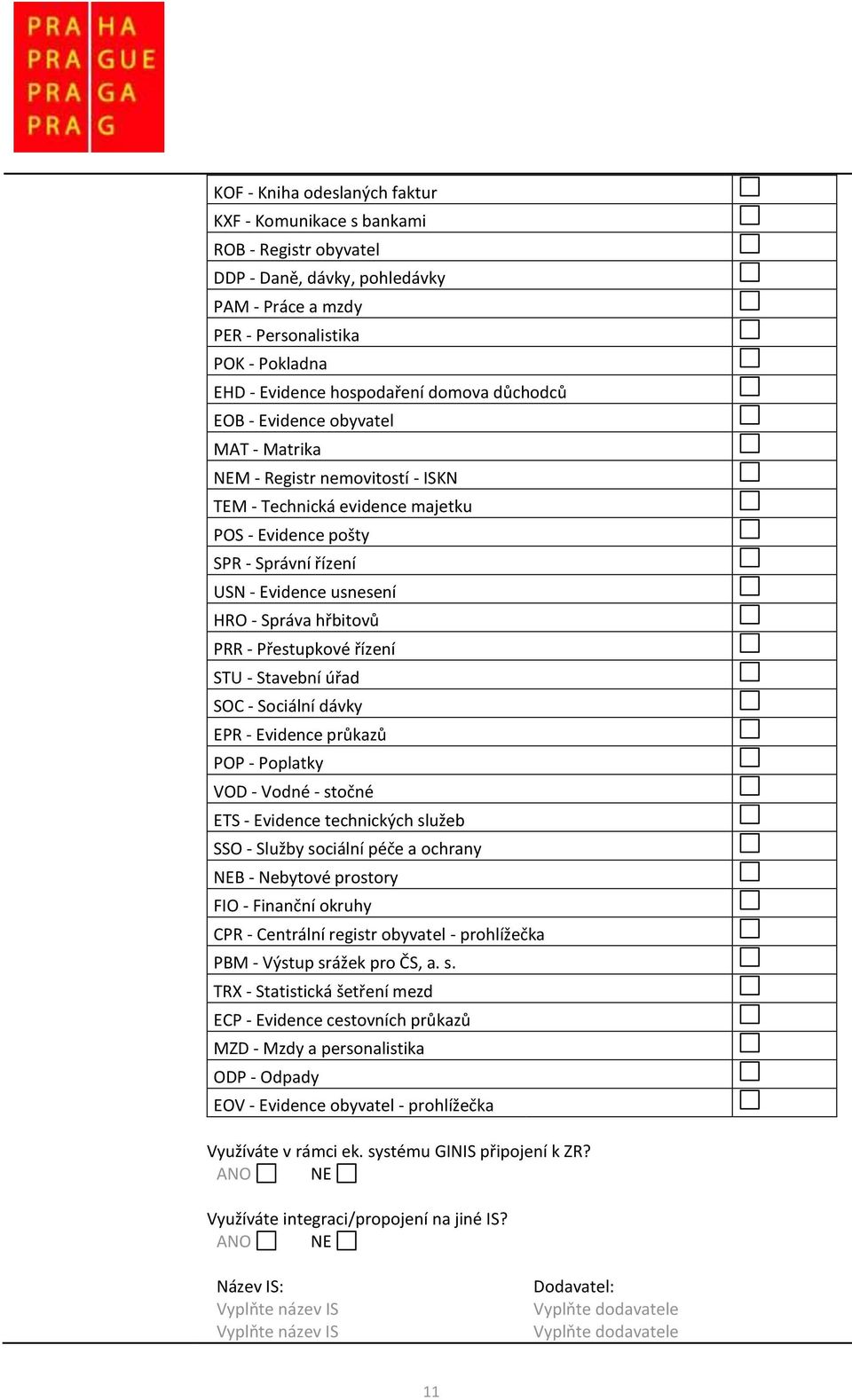 hřbitovů PRR - Přestupkové řízení STU - Stavební úřad SOC - Sociální dávky EPR - Evidence průkazů POP - Poplatky VOD - Vodné - stočné ETS - Evidence technických služeb SSO - Služby sociální péče a