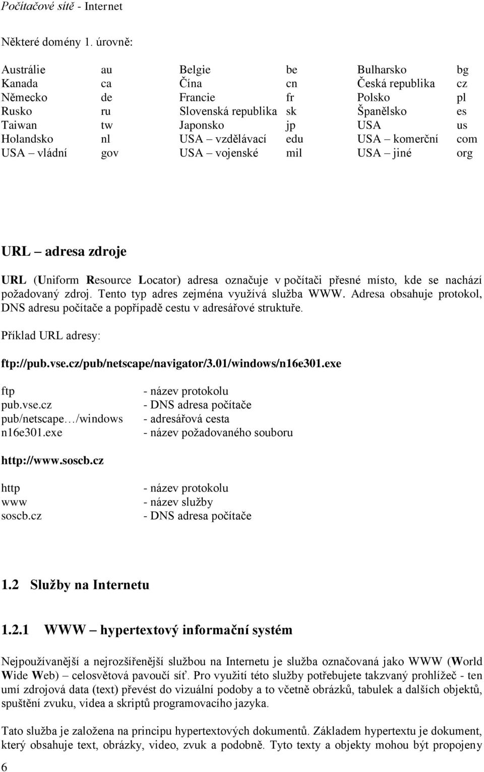 USA vzdělávací edu USA komerční com USA vládní gov USA vojenské mil USA jiné org URL adresa zdroje URL (Uniform Resource Locator) adresa označuje v počítači přesné místo, kde se nachází požadovaný