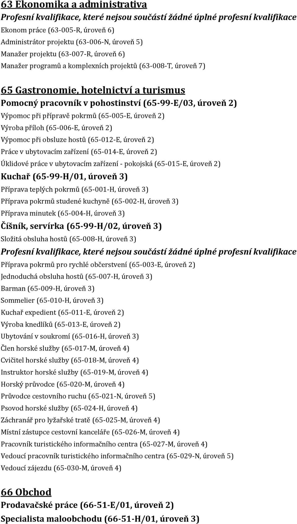 při obsluze hostů (65-012-E, úroveň 2) Práce v ubytovacím zařízení (65-014-E, úroveň 2) Úklidové práce v ubytovacím zařízení - pokojská (65-015-E, úroveň 2) Kuchař (65-99-H/01, úroveň 3) Příprava