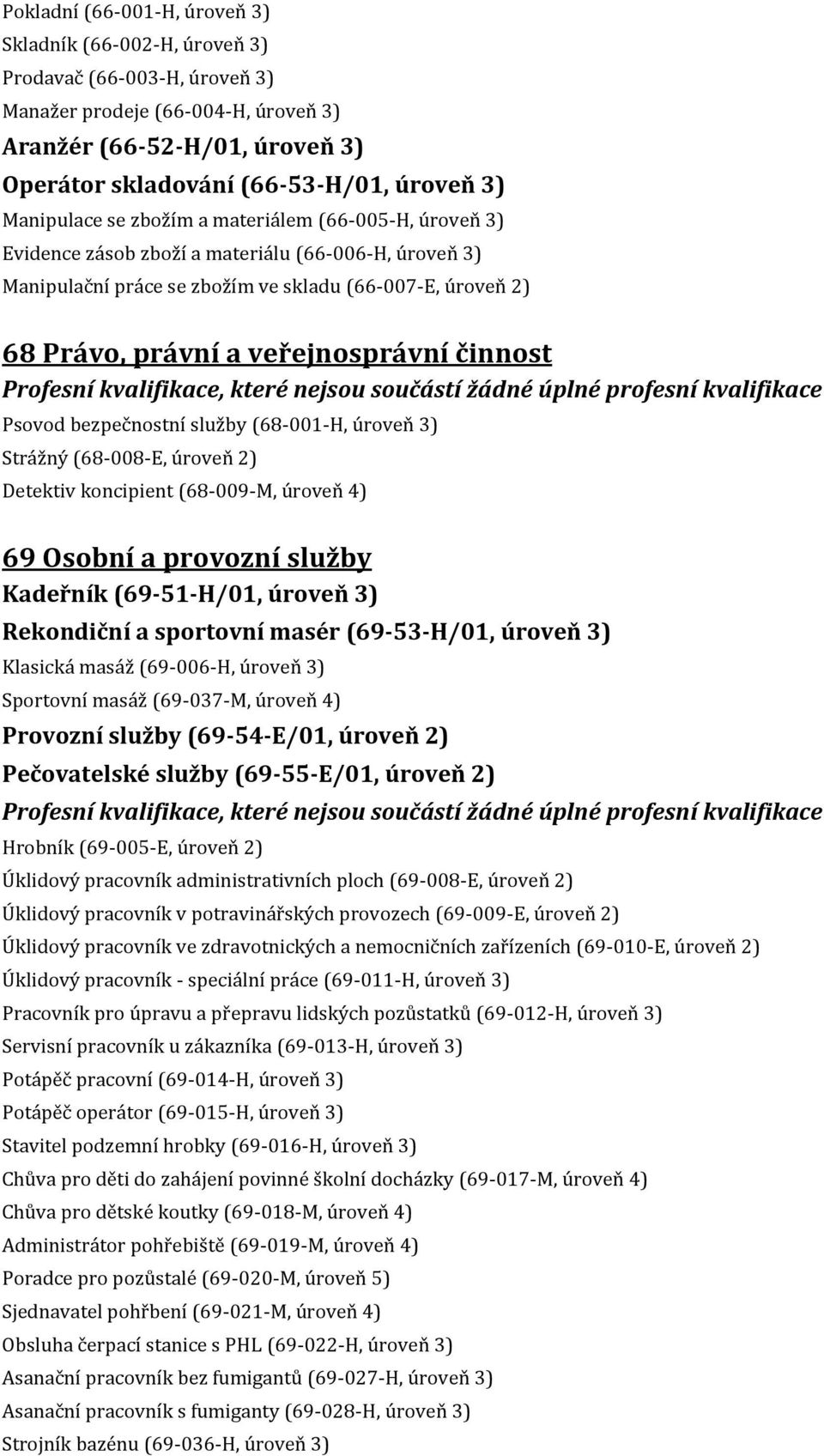 veřejnosprávní činnost Psovod bezpečnostní služby (68-001-H, úroveň 3) Strážný (68-008-E, úroveň 2) Detektiv koncipient (68-009-M, úroveň 4) 69 Osobní a provozní služby Kadeřník (69-51-H/01, úroveň