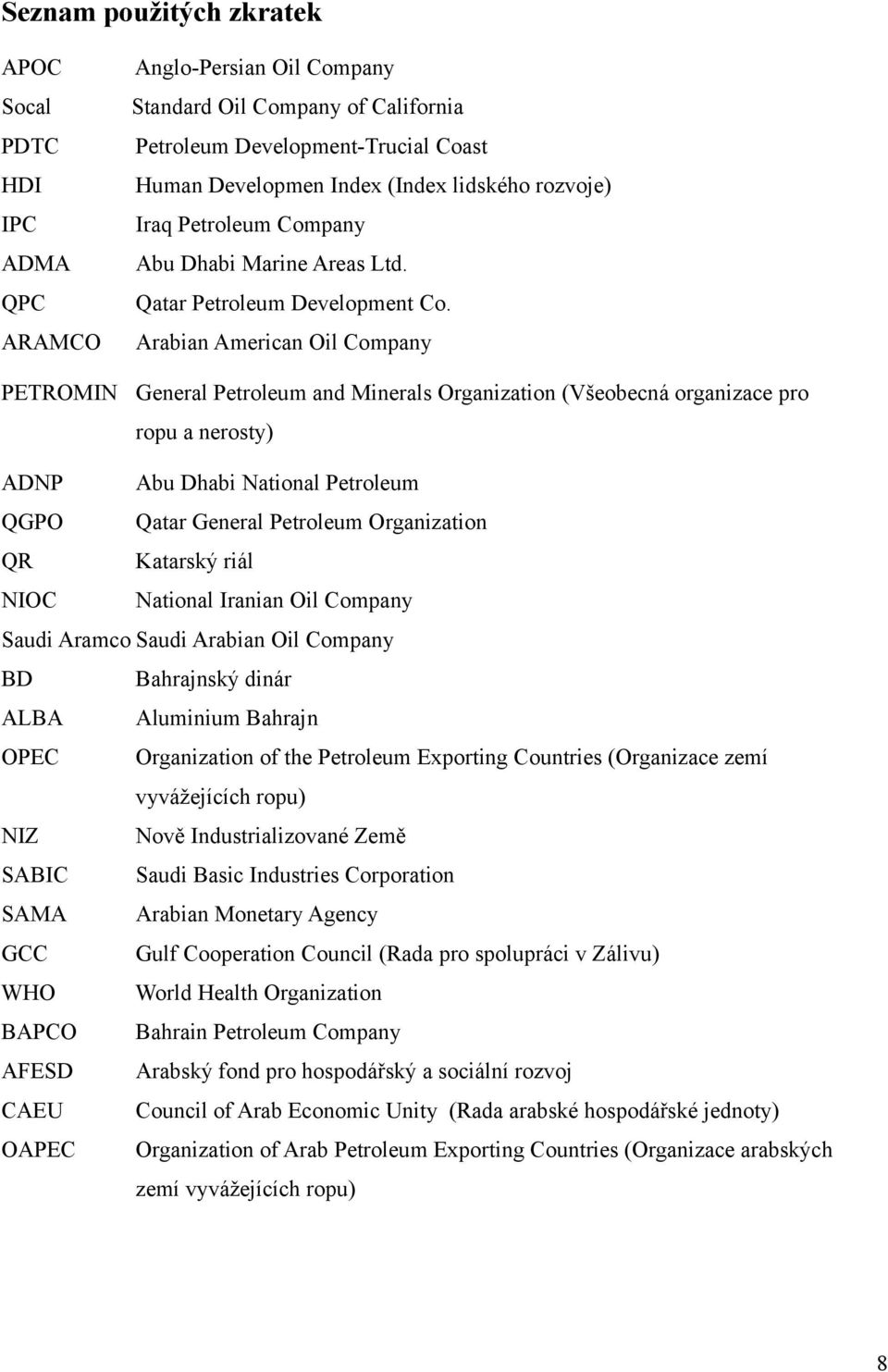 ARAMCO Arabian American Oil Company PETROMIN General Petroleum and Minerals Organization (Všeobecná organizace pro ropu a nerosty) ADNP Abu Dhabi National Petroleum QGPO Qatar General Petroleum