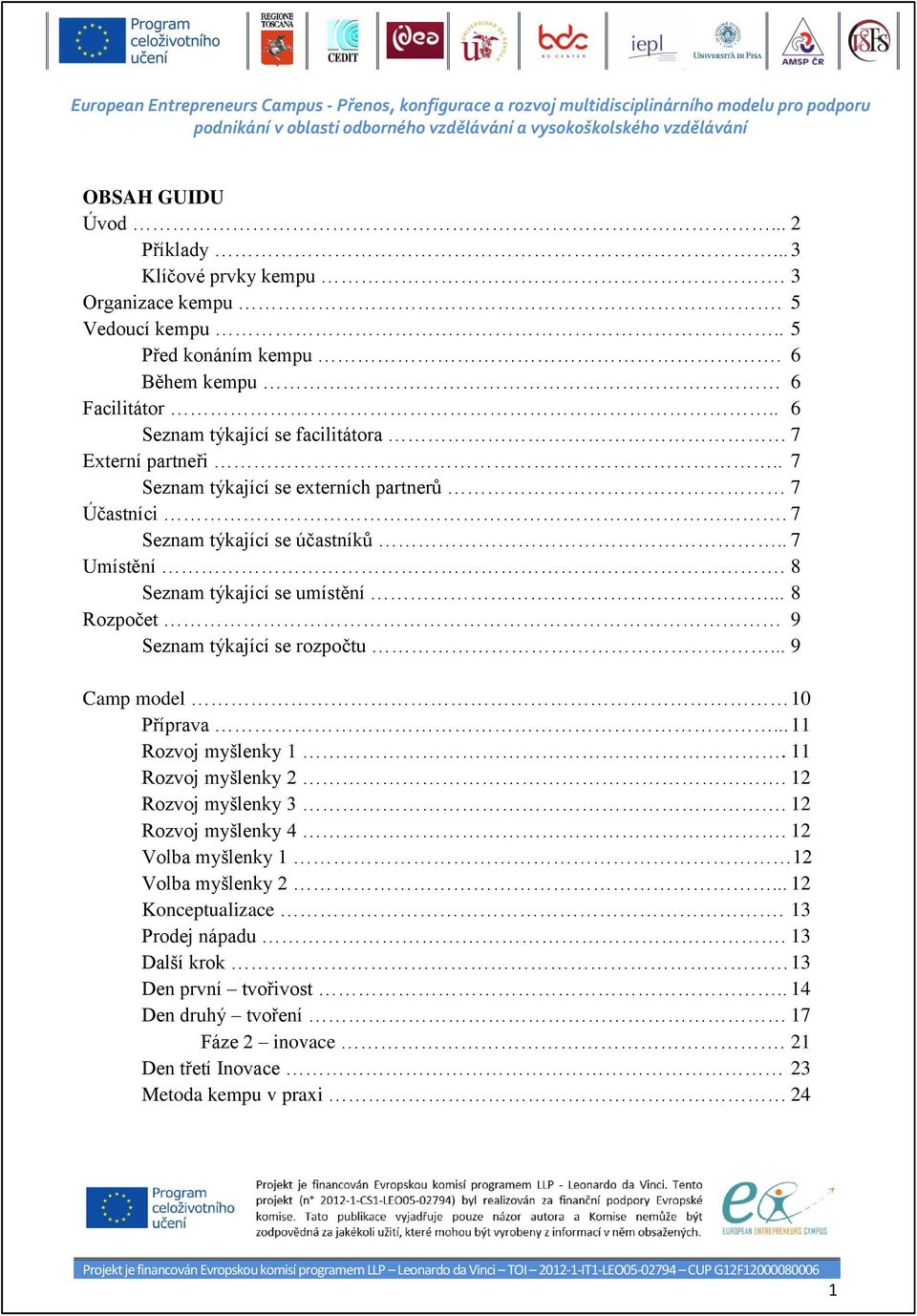 .. 8 Rozpočet 9 Seznam týkající se rozpočtu... 9 Camp model 10 Příprava... 11 Rozvoj myšlenky 1. 11 Rozvoj myšlenky 2. 12 Rozvoj myšlenky 3. 12 Rozvoj myšlenky 4.