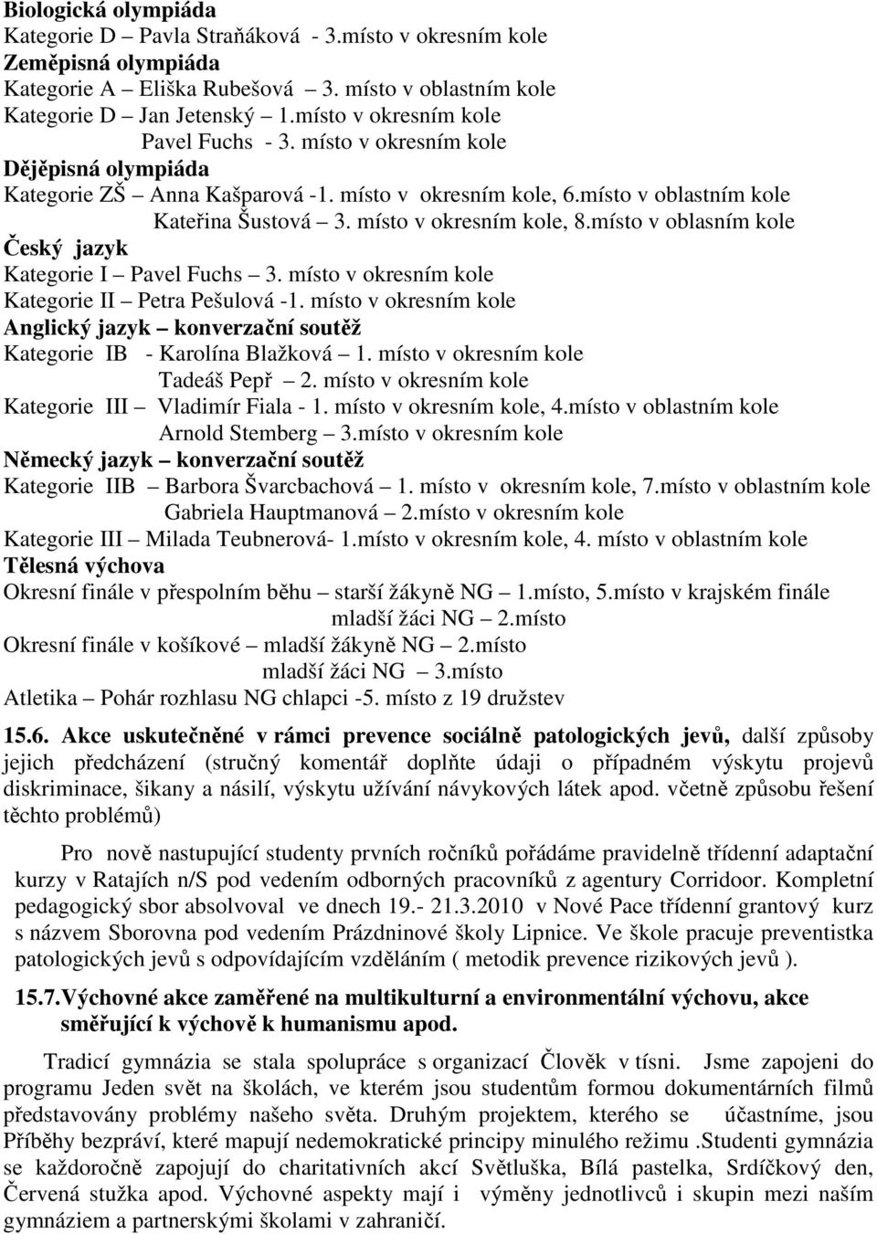 místo v okresním kole, 8.místo v oblasním kole Český jazyk Kategorie I Pavel Fuchs 3. místo v okresním kole Kategorie II Petra Pešulová -1.