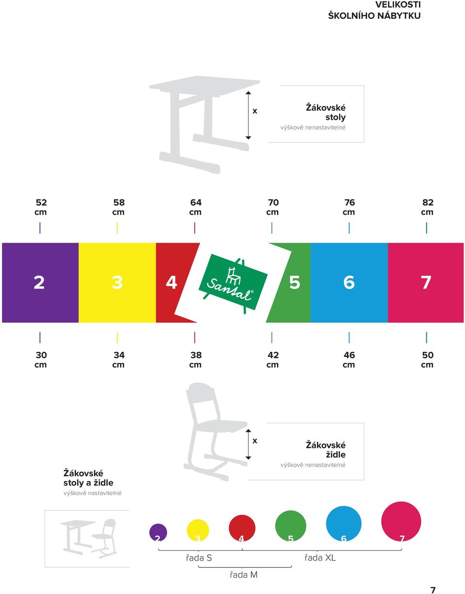cm 34 cm 38 cm 42 cm 46 cm 50 cm Žákovské stoly a židle výškově