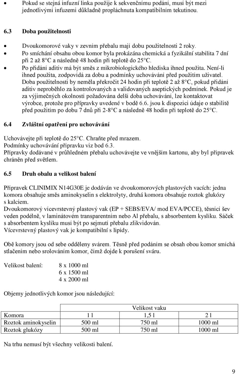 Po smíchání obsahu obou komor byla prokázána chemická a fyzikální stabilita 7 dní při 2 až 8 C a následně 48 hodin při teplotě do 25 C.