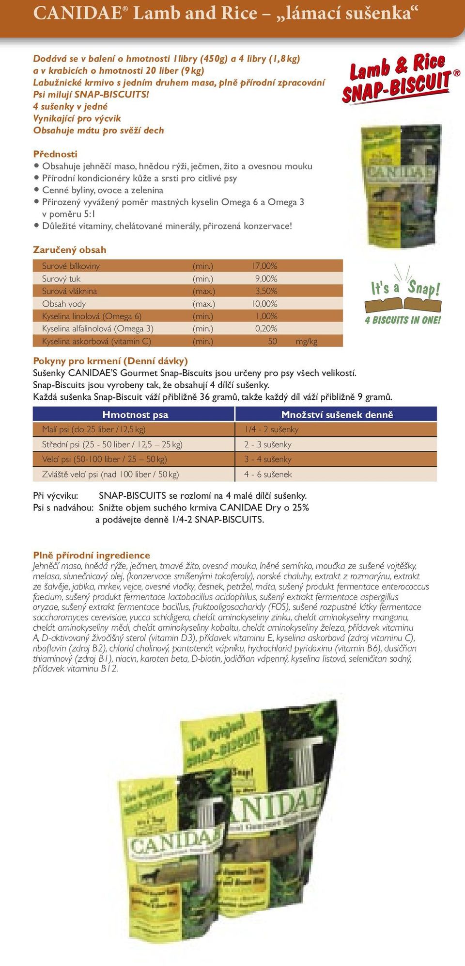 4 sušenky v jedné Vynikající pro výcvik Obsahuje mátu pro svěží dech Přednosti Obsahuje jehněčí maso, hnědou rýži, ječmen, žito a ovesnou mouku Přírodní kondicionéry kůže a srsti pro citlivé psy