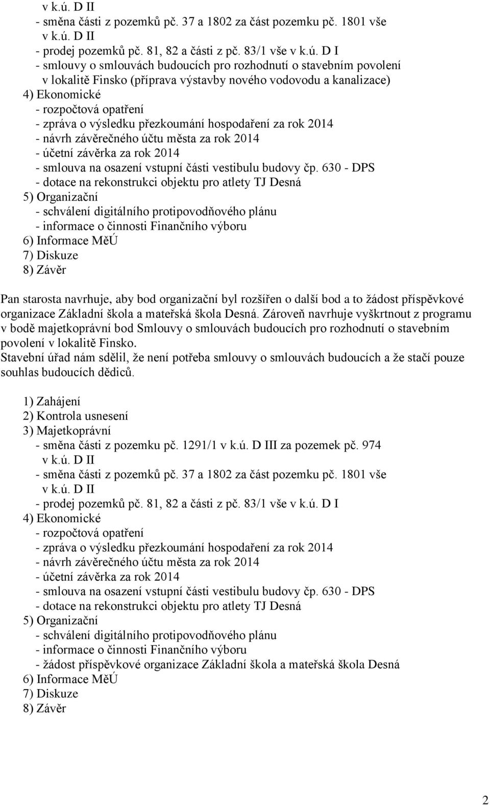 83/1 vše  D I - smlouvy o smlouvách budoucích pro rozhodnutí o stavebním povolení v lokalitě Finsko (příprava výstavby nového vodovodu a kanalizace) 4) Ekonomické - rozpočtová opatření - zpráva o