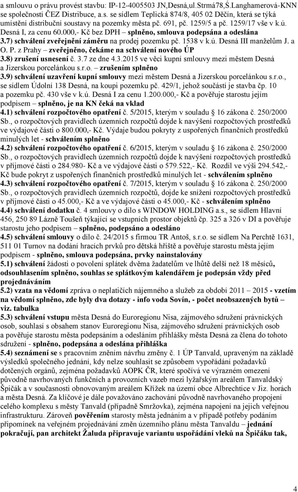 a O. P. z Prahy zveřejněno, čekáme na schválení nového ÚP 3.8) zrušení usnesení č. 3.7 ze dne 4.3.2015 ve věci kupní smlouvy mezi městem Desná a Jizerskou porcelánkou s.r.o. zrušením splněno 3.