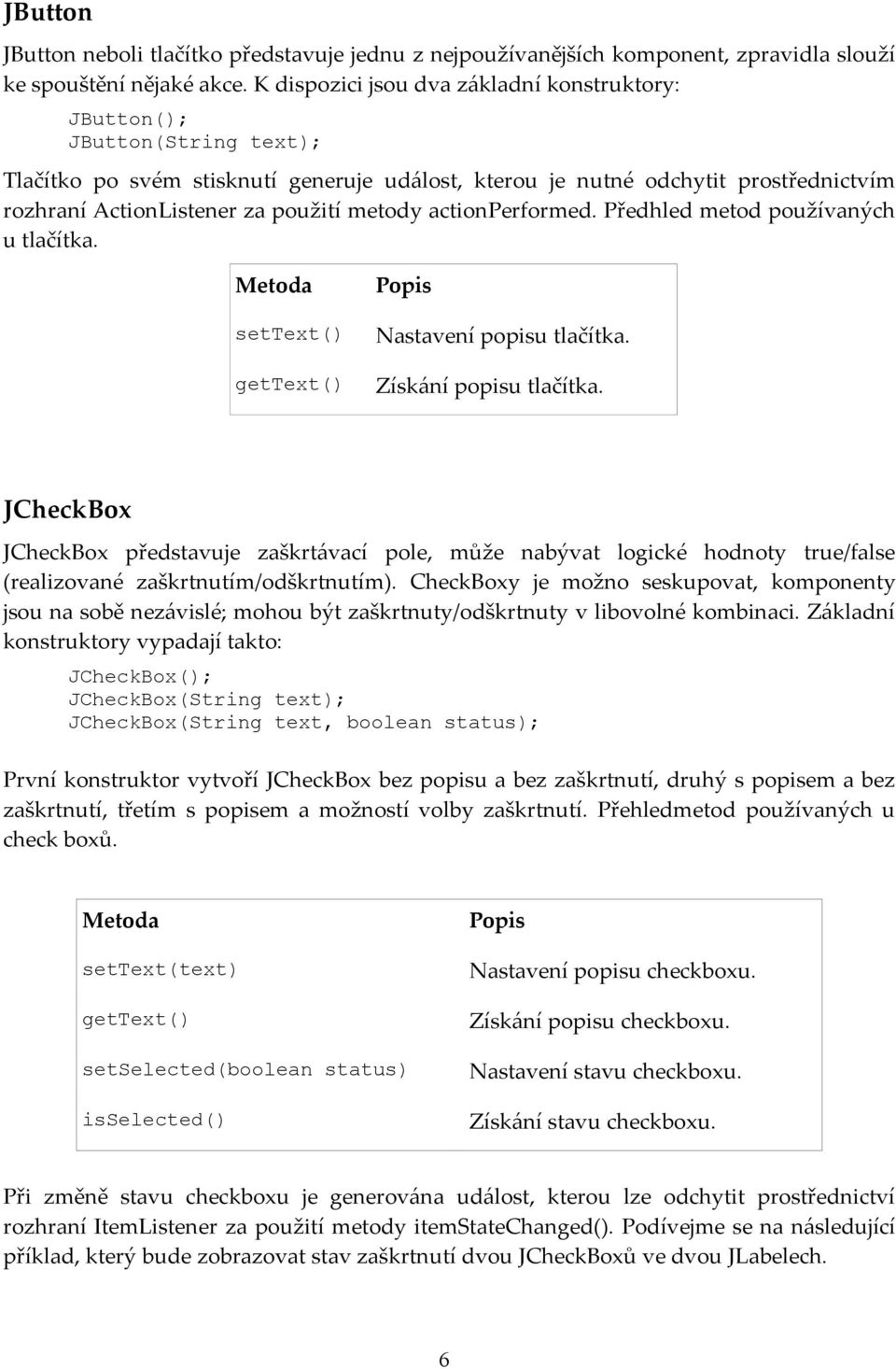 metody actionperformed. Předhled metod používaných u tlačítka. Metoda Popis settext() Nastavení popisu tlačítka. gettext() Získání popisu tlačítka.