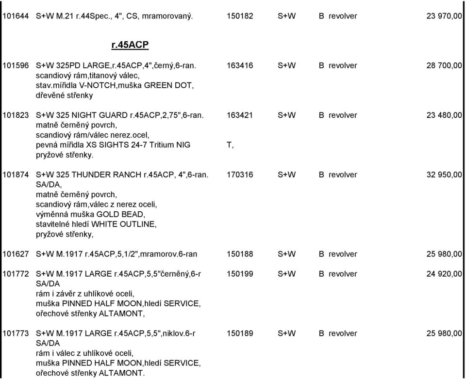 163421 S+W B revolver 23 480,00 matně černěný povrch, scandiový rám/válec nerez.ocel, pevná mířidla XS SIGHTS 24-7 Tritium NIG T, pryžové střenky. 101874 S+W 325 THUNDER RANCH r.45acp, 4",6-ran.