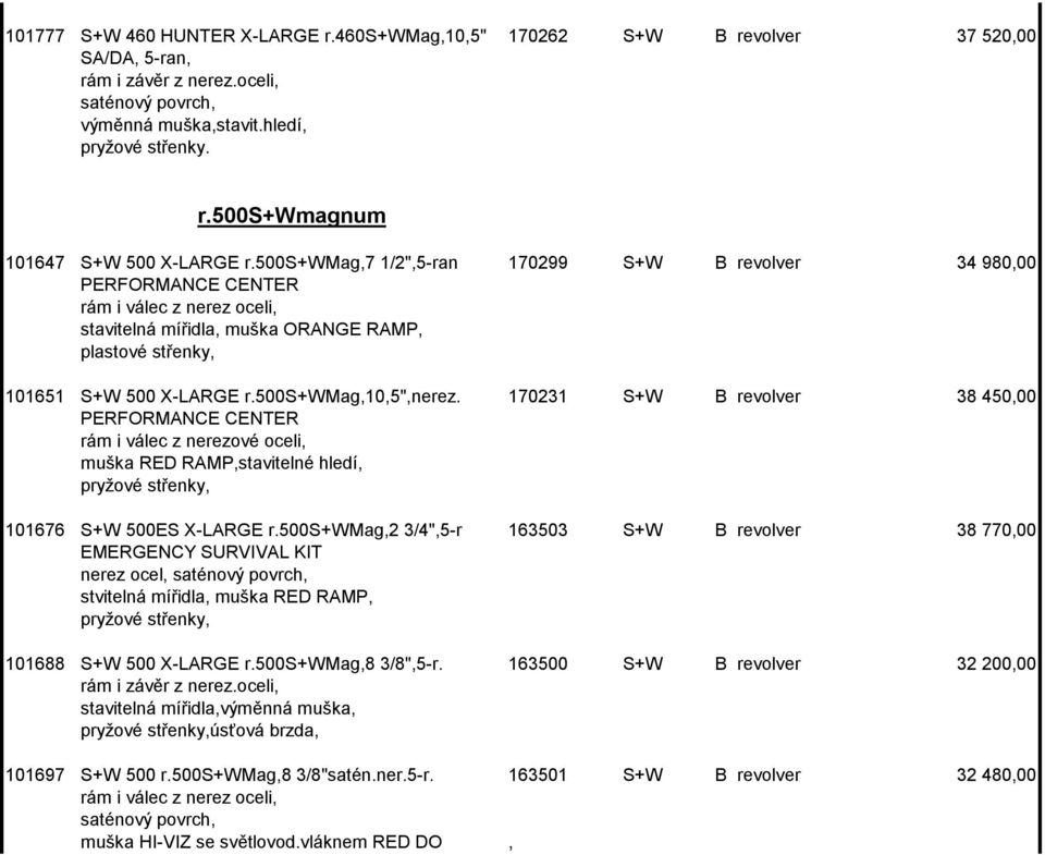 500s+wmag,10,5",nerez. 170231 S+W B revolver 38 450,00 PERFORMANCE CENTER muška RED RAMP,stavitelné hledí, 101676 S+W 500ES X-LARGE r.