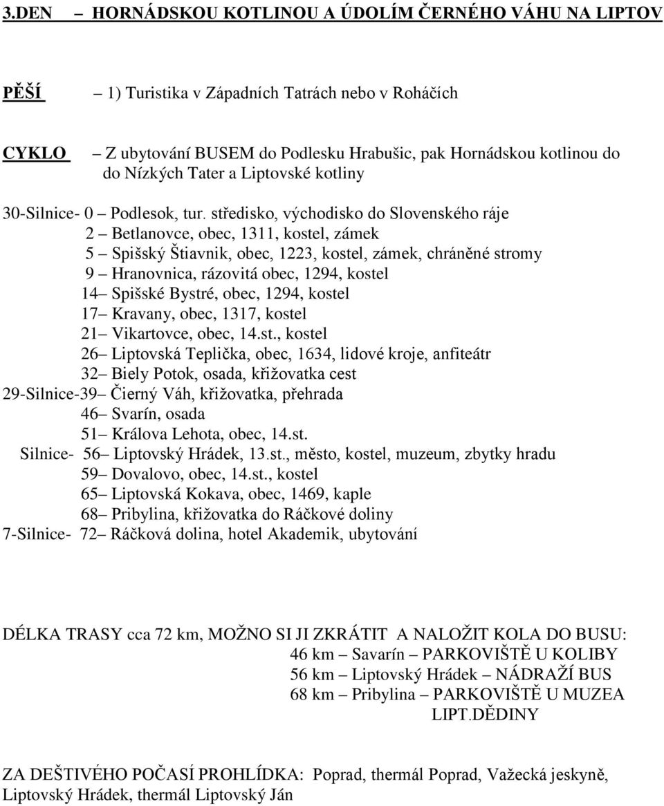 středisko, východisko do Slovenského ráje 2 Betlanovce, obec, 1311, kostel, zámek 5 Spišský Štiavnik, obec, 1223, kostel, zámek, chráněné stromy 9 Hranovnica, rázovitá obec, 1294, kostel 14 Spišské