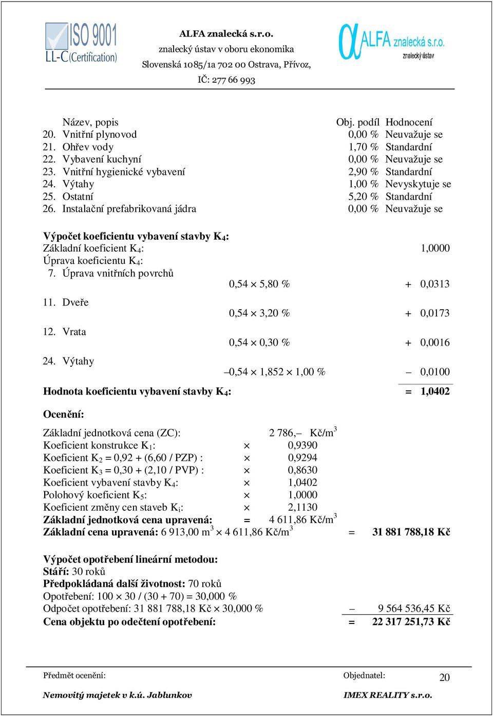 Instalační prefabrikovaná jádra 0,00 % Neuvažuje se Výpočet koeficientu vybavení stavby K 4 : Základní koeficient K 4 : 1,0000 Úprava koeficientu K 4 : 7.