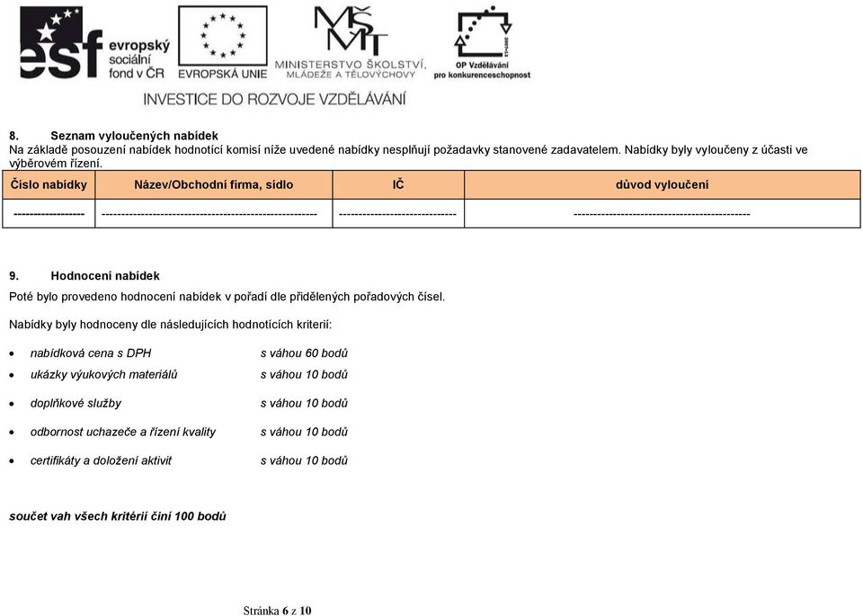 --------------------------------------------- 9. Hodnocení nabídek Poté bylo provedeno hodnocení nabídek v pořadí dle přidělených pořadových čísel.