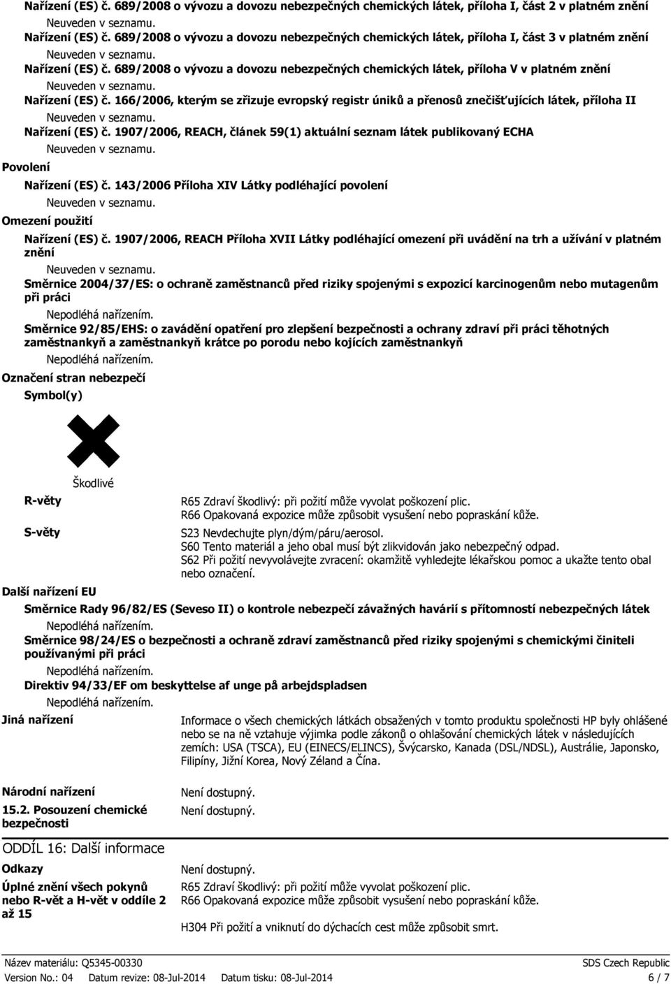 689/2008 o vývozu a dovozu nebezpečných chemických látek, příloha V v platném znění Nařízení (ES) č.