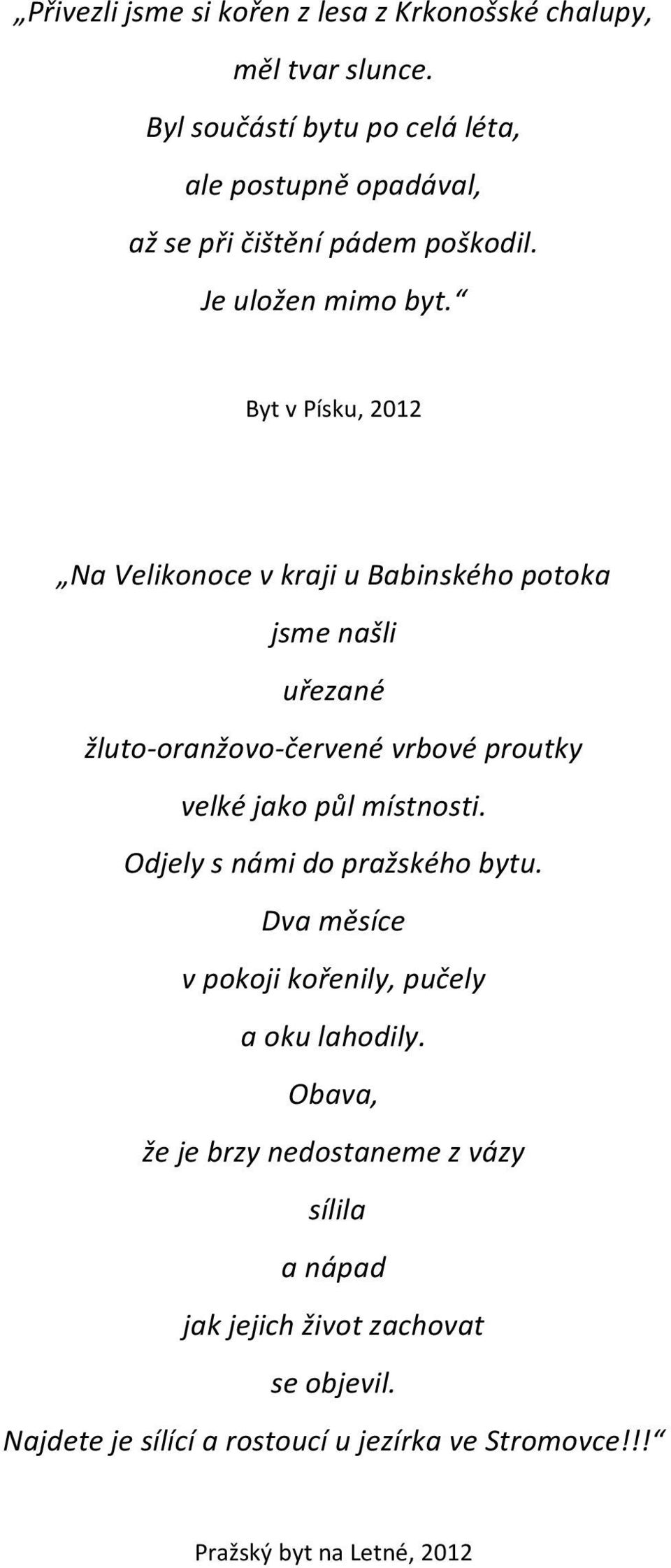 Byt v Písku, 2012 Na Velikonoce v kraji u Babinského potoka jsme našli uřezané žluto- oranžovo- červené vrbové proutky velké jako půl místnosti.