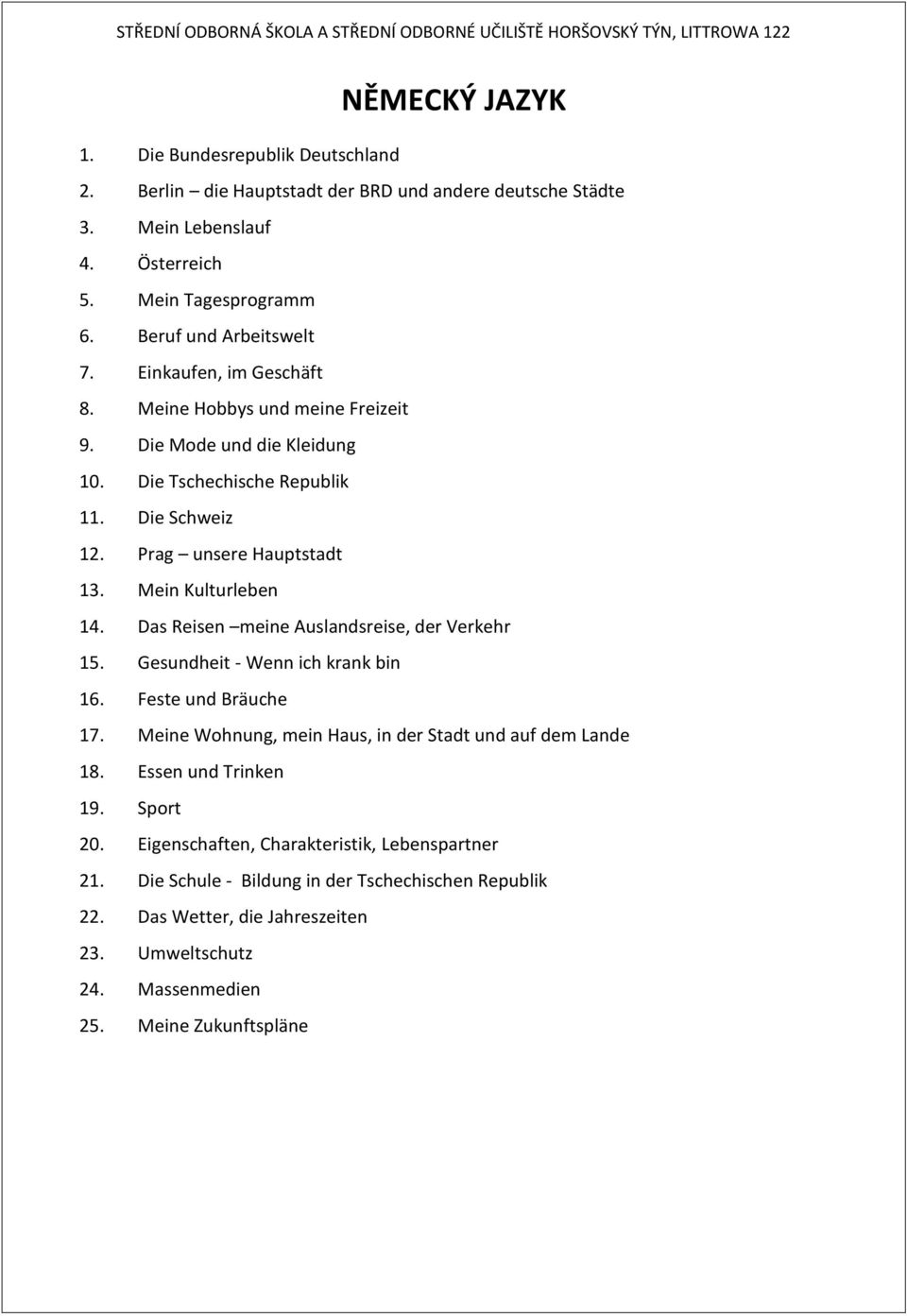 Das Reisen meine Auslandsreise, der Verkehr 15. Gesundheit - Wenn ich krank bin 16. Feste und Bräuche 17. Meine Wohnung, mein Haus, in der Stadt und auf dem Lande 18. Essen und Trinken 19.