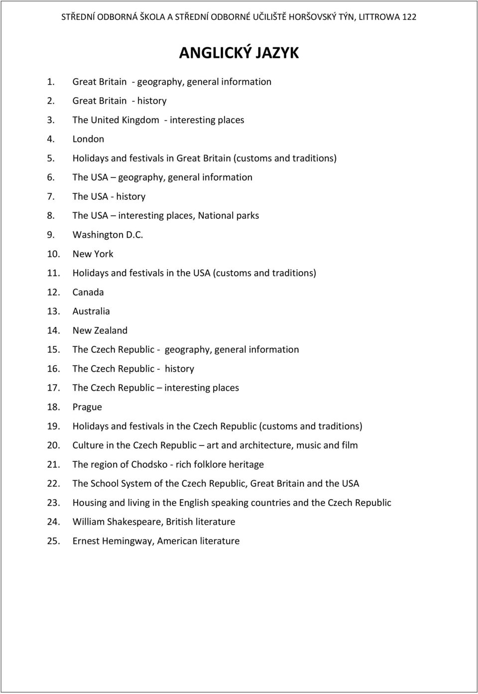 New York 11. Holidays and festivals in the USA (customs and traditions) 12. Canada 13. Australia 14. New Zealand 15. The Czech Republic - geography, general information 16.