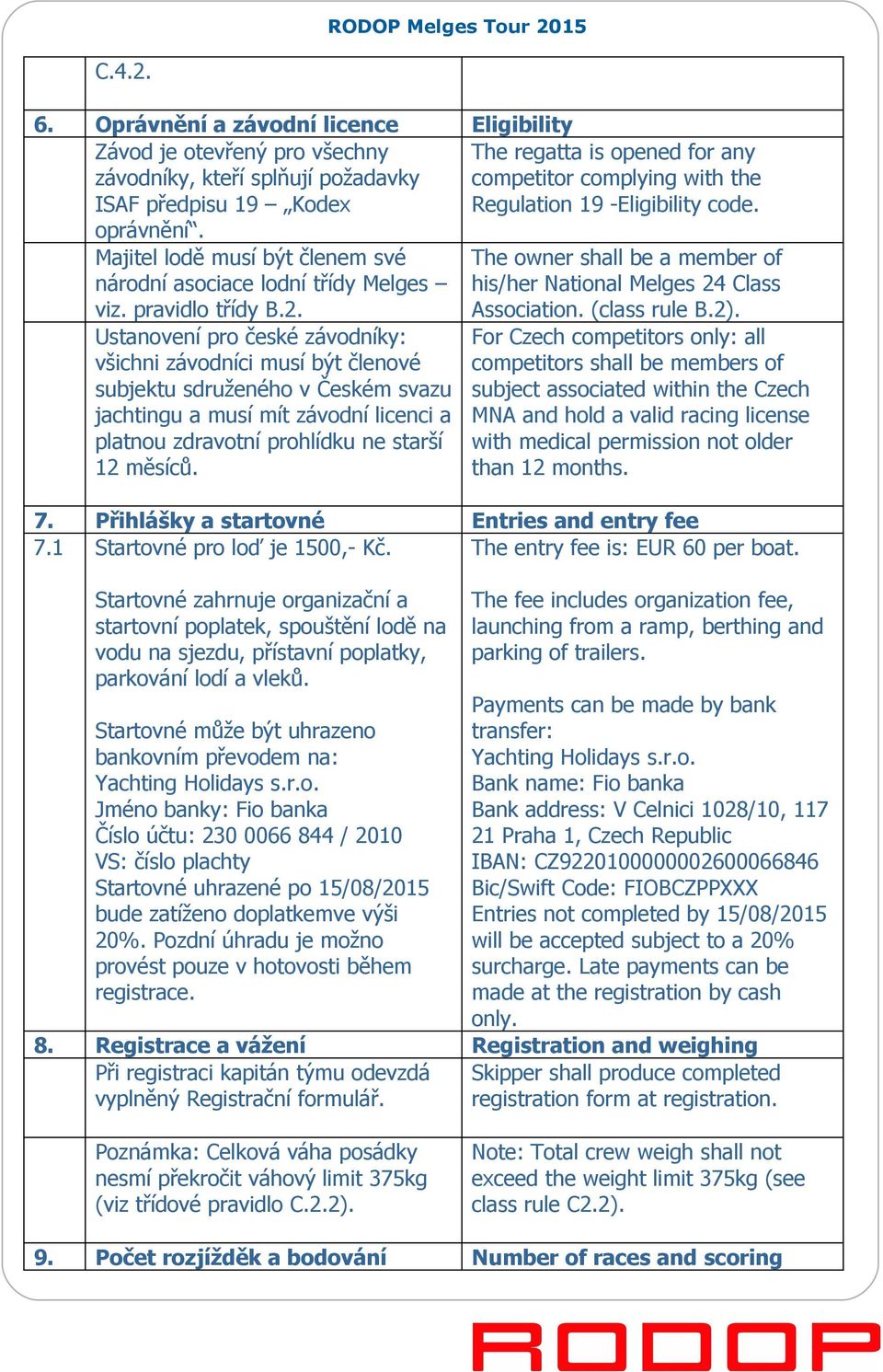 Ustanovení pro české závodníky: všichni závodníci musí být členové subjektu sdruženého v Českém svazu jachtingu a musí mít závodní licenci a platnou zdravotní prohlídku ne starší 12 měsíců.