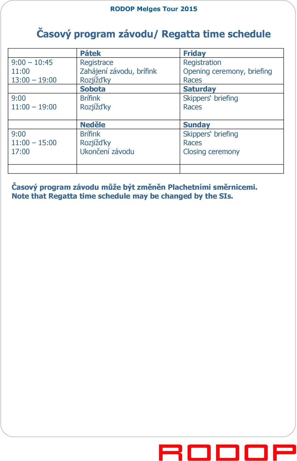 Rozjížďky Races Neděle Sunday 9:00 Brífink Skippers briefing 11:00 15:00 Rozjížďky Races 17:00 Ukončení závodu Closing