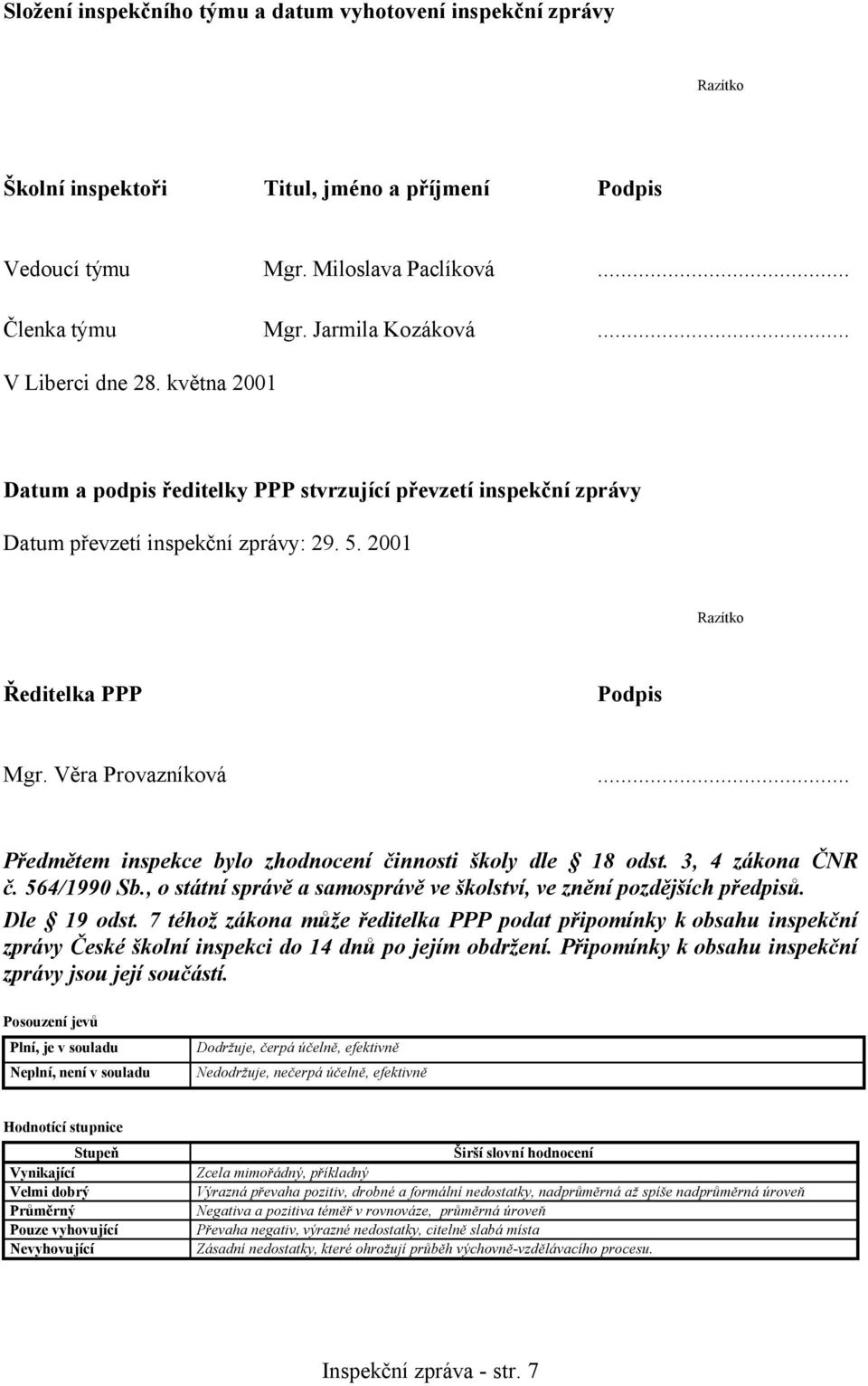 .. Předmětem inspekce bylo zhodnocení činnosti školy dle 18 odst. 3, 4 zákona ČNR č. 564/1990 Sb., o státní správě a samosprávě ve školství, ve znění pozdějších předpisů. Dle 19 odst.