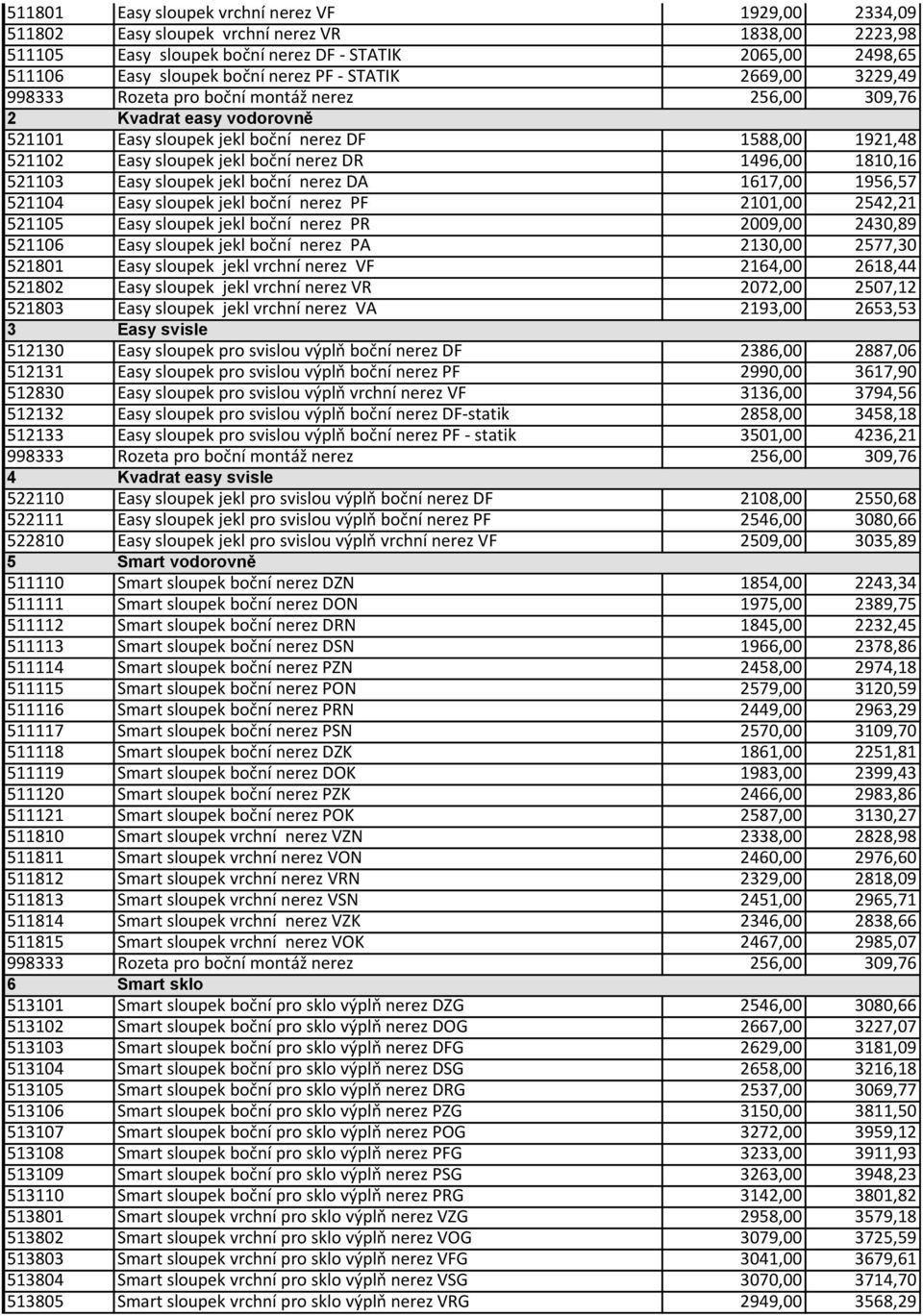 DA 1617,00 1956,57 521104 Easy sloupek jekl boční nerez PF 2101,00 2542,21 521105 Easy sloupek jekl boční nerez PR 2009,00 2430,89 521106 Easy sloupek jekl boční nerez PA 2130,00 2577,30 521801 Easy