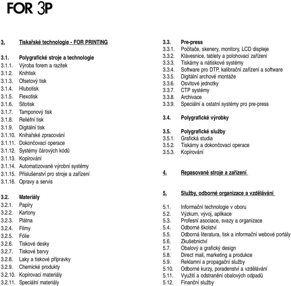 Automatizované v robní systémy 3.1.15. Pfiíslu enství pro stroje a zafiízení 3.1.16. Opravy a servis 3.2. Materiály 3.2.1. Papíry 3.2.2. Kartony 3.2.3. Plátna 3.2.4. Filmy 3.2.5. Fólie 3.2.6. Tiskové desky 3.