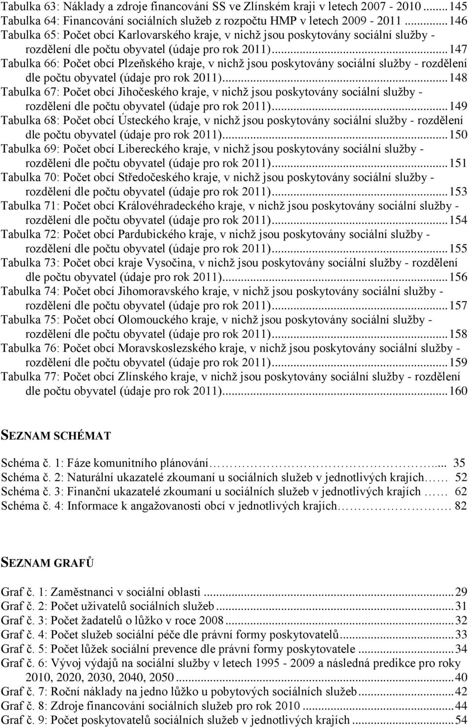 .. 147 Tabulka 66: Počet obcí Plzeňského kraje, v nichţ jsou poskytovány sociální sluţby - rozdělení dle počtu obyvatel (údaje pro rok 2011).