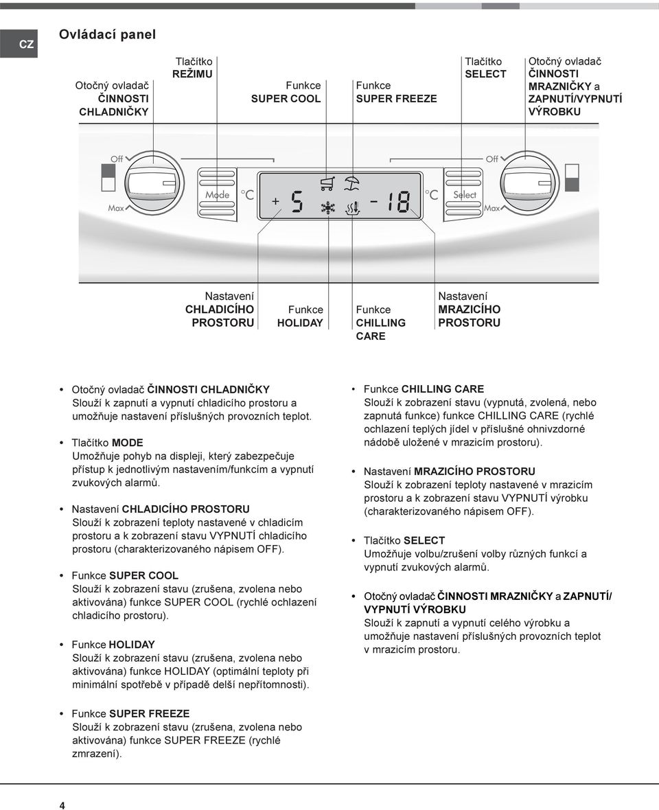 provozních teplot. Tlaèítko MODE Umožòuje pohyb na displeji, který zabezpeèuje pøístup k jednotlivým nastavením/funkcím a vypnutí zvukových alarmù.