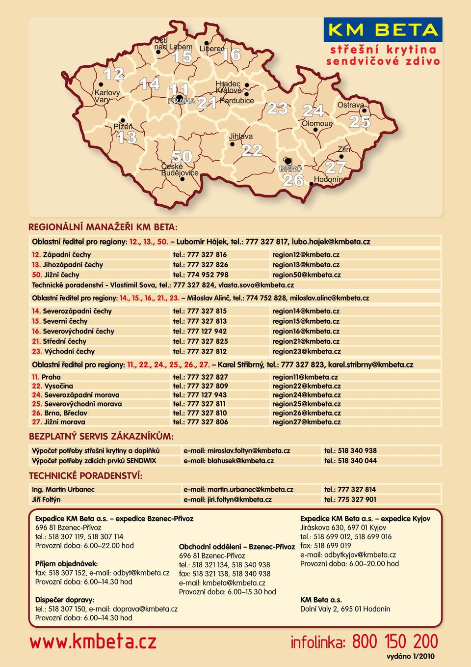 cz Oblastní ředitel pro regiony: 14., 15., 16., 21., 23. Miloslav Alinč, tel.: 774 752 828, miloslav.alinc@kmbeta.cz 14. Severozápadní čechy tel.: 777 327 815 region14@kmbeta.cz 15. Severní čechy tel.