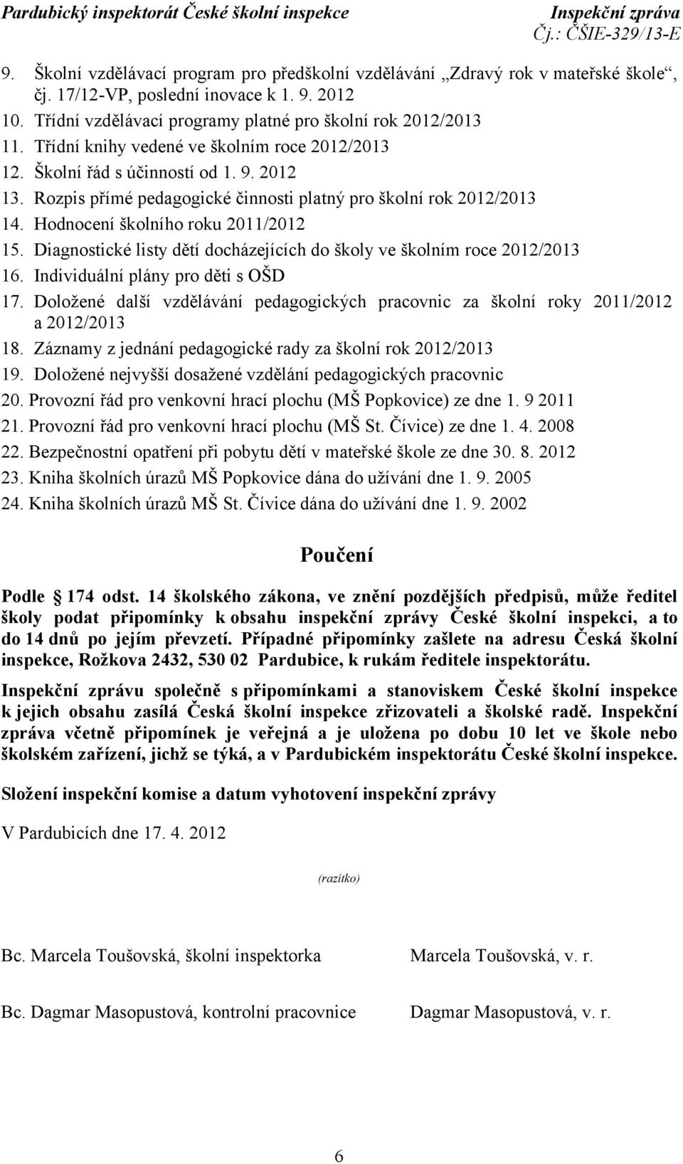 Diagnostické listy dětí docházejících do školy ve školním roce 2012/2013 16. Individuální plány pro děti s OŠD 17.