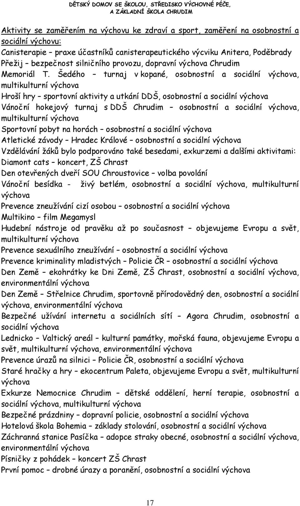 Šedého turnaj v kopané, osobnostní a sociální výchova, multikulturní výchova Hroší hry sportovní aktivity a utkání DDŠ, osobnostní a sociální výchova Vánoční hokejový turnaj s DDŠ Chrudim osobnostní