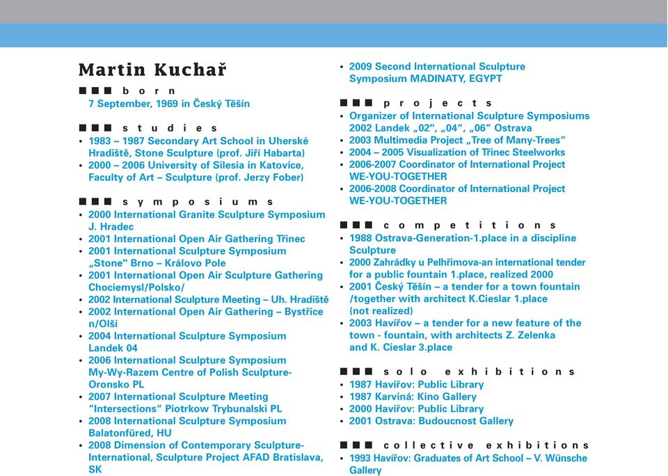 Hradec 2001 International Open Air Gathering Třinec 2001 International Sculpture Symposium Stone" Brno Královo Pole 2001 International Open Air Sculpture Gathering Chociemysl/Polsko/ 2002
