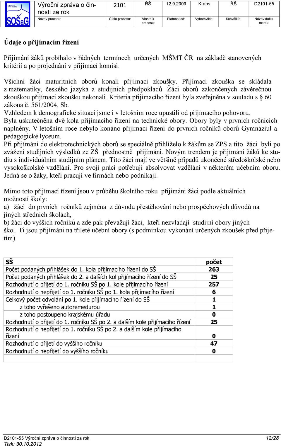 Žáci oborů zakončených závěrečnou zkouškou přijímací zkoušku nekonali. Kriteria přijímacího řízení byla zveřejněna v souladu s 60 zákona č. 561/2004, Sb.