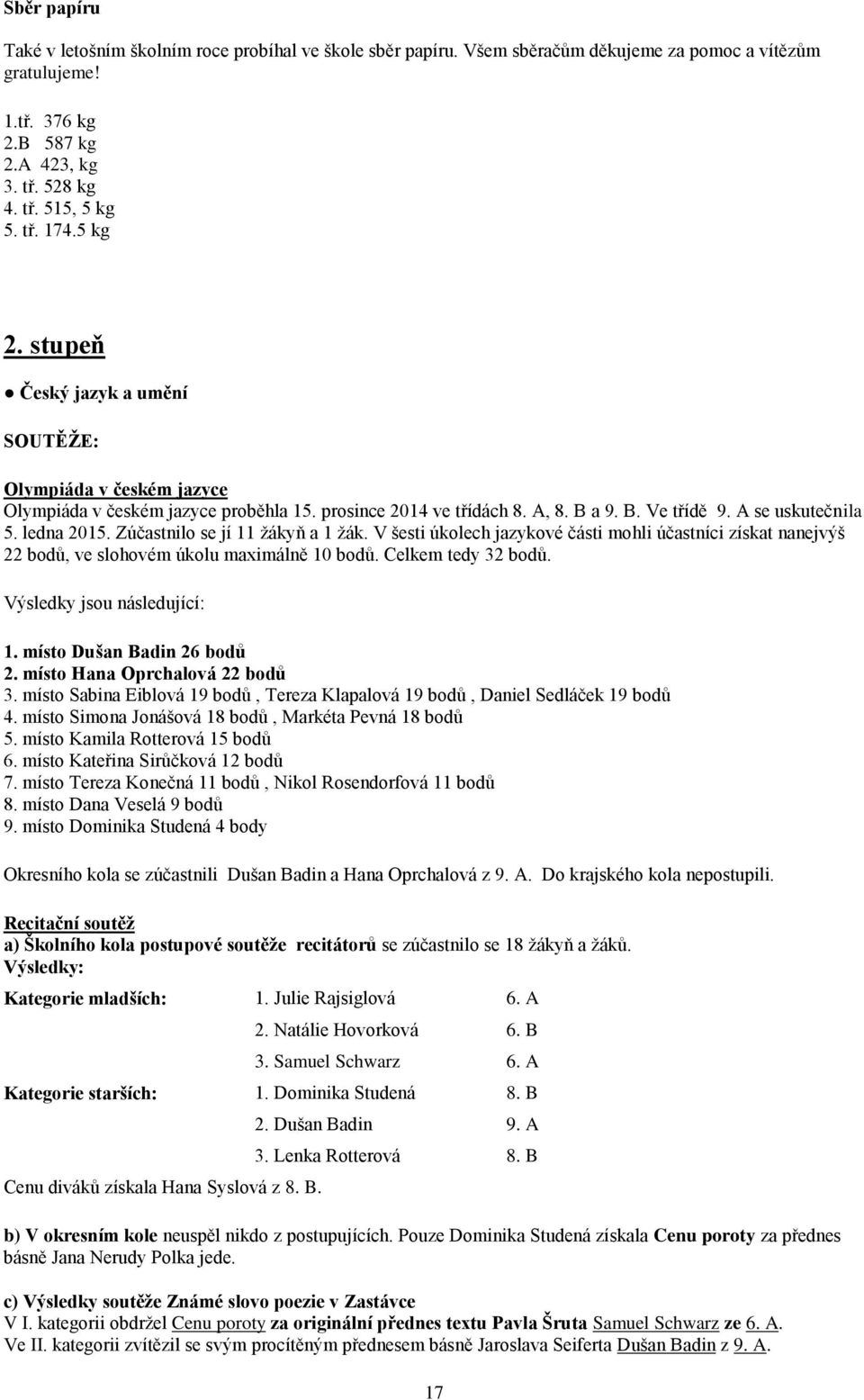 Zúčastnilo se jí 11 žákyň a 1 žák. V šesti úkolech jazykové části mohli účastníci získat nanejvýš 22 bodů, ve slohovém úkolu maximálně 10 bodů. Celkem tedy 32 bodů. Výsledky jsou následující: 1.