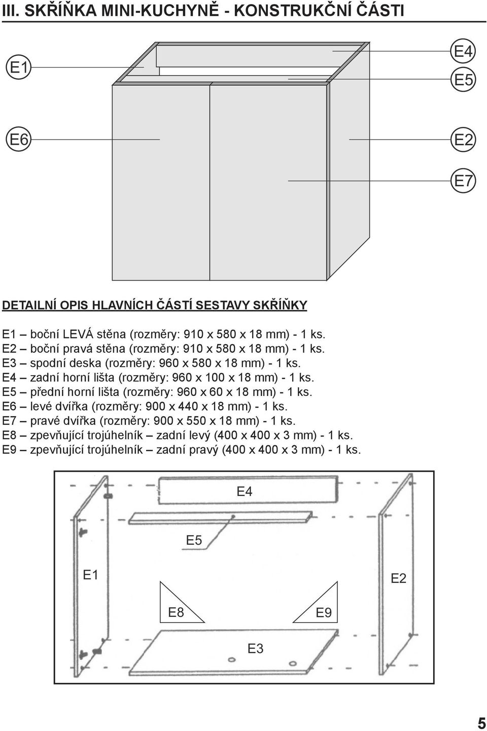 E4 zadní horní lišta (rozměry: 960 x 100 x 18 mm) - 1 ks. E5 přední horní lišta (rozměry: 960 x 60 x 18 mm) - 1 ks.