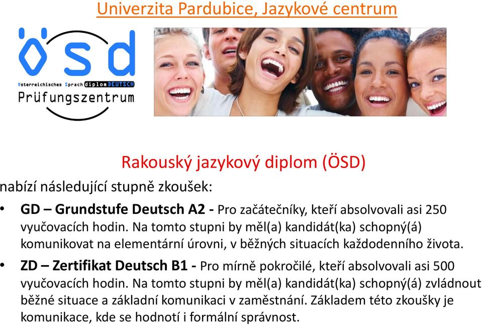 ZD Zertifikat Deutsch B1 - Pro mírně pokročilé, kteří absolvovali asi 500 vyučovacích hodin.