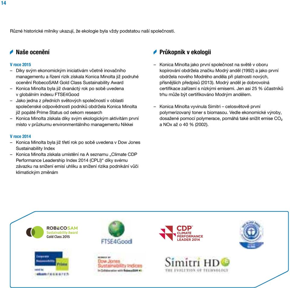 Minolta byla již dvanáctý rok po sobě uvedena v globálním indexu FTSE4Good Jako jedna z předních světových společností v oblasti společenské odpovědnosti podniků obdržela Konica Minolta již popáté